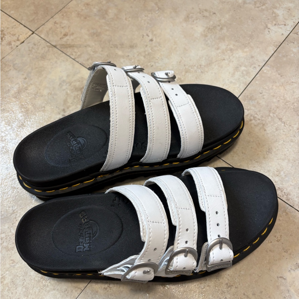 Dr. Martens White Triple-Strap Slide Sandals with Black Sole